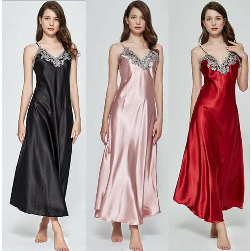 Hot Sale High Quality Women Satin Silk Lace V-neck Spaghetti Strap Night Dress Nightdress Sleepwear Ladies Long Nightgown