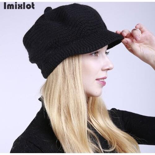 New Fashion Womens Knitted Hat Beanie Caps Ladies SnapBack Warm Wool Hat Solid Velvet Thick Warm Winter Hats For Female Earmuffs