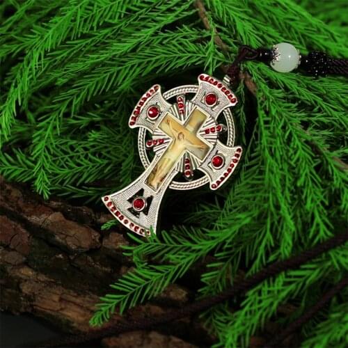 Religious Irish Christian Catholic Celtic Cross Large Pendant Red Rhinestone Necklace Mens Rope Chain Church Nun Prayer Jewelry