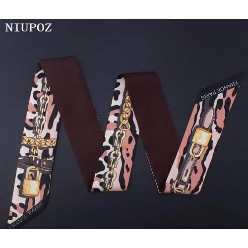 Luxury Brand Women Leopard Chain Print Small Bag Scarf Twill Emulation Silk Head Scarf Hair Handle Tie Hand Ribbon Shawl