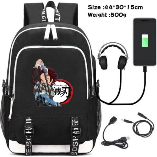 Anime Figure Demon Slayer USB Charger Backpacks Black Cartoon Printing Laptop Computer Packs Endurable Kids School Handbags