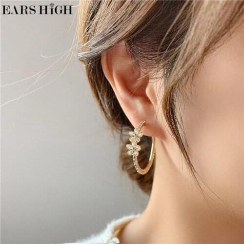 EARS HIGH Fashion Korean Elegant Zircon Flower Circle Hoop Earrings For Women Girls C Shaped Oorbellen Jewelry Gifts