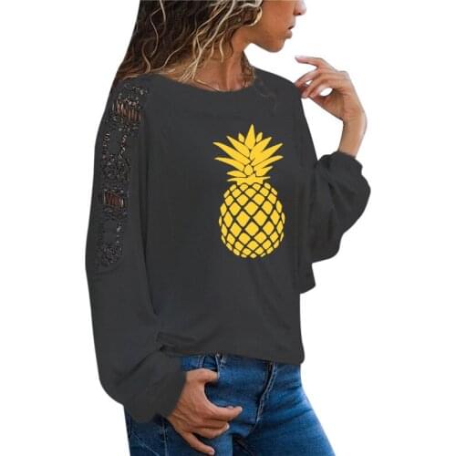 Pineapple Print Female T Shirt Funny Teeshirt Women Clothing Casual Long Sleeve Large Size Loose Lace Tops Tee