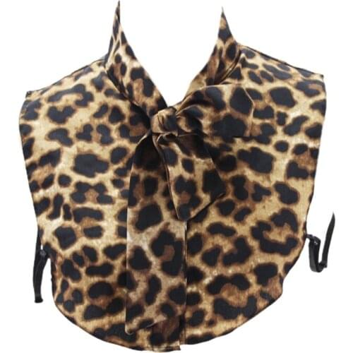 Womens Chiffon Bow Tied Neck Detachable False Fake Collar Vintage Leopard Animal Printed Half Blouse Shirt Button Down Decorati