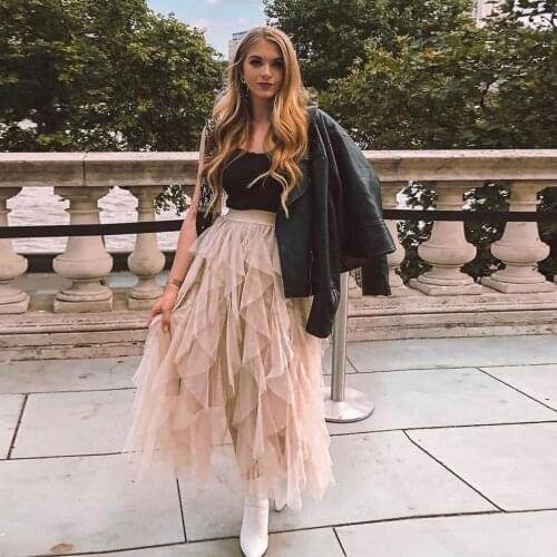 New Trendy Ruffles Tiered Ankle Length Tulle Skirts Women Custom Made Fashion Champagne Beige Tutu Skirt 2019