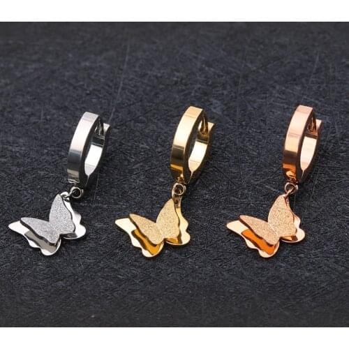 Butterfly Earrings Women Frosted Rose Gold Earring Korean Stainless Steel Drop Fall Earring Jewelry Gifts for Woman Accessories