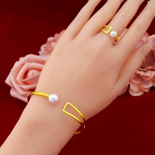 French Temperament Cuff Bangle Rings Set 18K Gold Pearl Rings & Pearl Bracelet Womens Charm Jewelry Gift