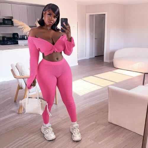 2020 Winter Women 2 Two Piece Set Long Sleeve Crop Tops Tshirt Pants Bodycon Set Sport Fitness Tracksuit