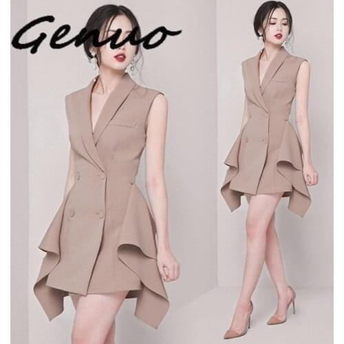 Women Double Breasted Ruffles Draped Irregular Blazer Dress Office Lady Notched Collar Sleeveless Button Above Knee Mini Dress