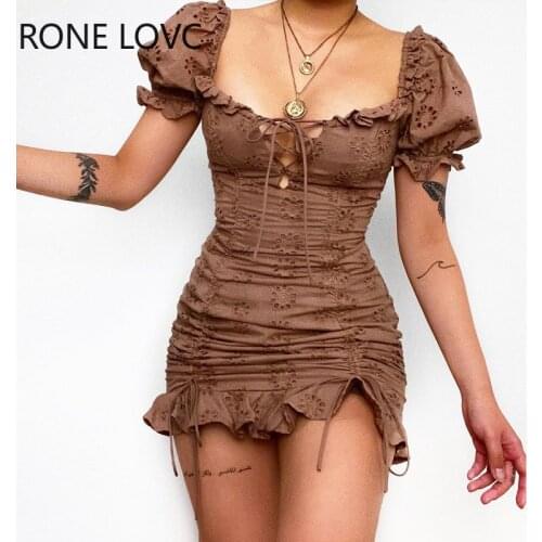 Women Eyelet Embroidery Drawstring Ruched Puff Sleeve Dress Mini Dress Women Summer Dress 2021