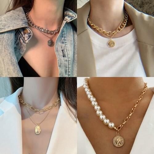 2021 Fashion Bohemian Gothic Punk Geometric Metal Coin Pendant Womens Multi-layer Portrait Thicken Thick Chain Necklace Jewelry