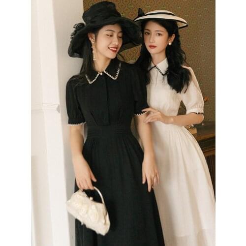 2021 Summer New French Retro Robe Femme Temperament Dresses Lapel Simple Chic Puff Sleeve Dress Vestido de mujer