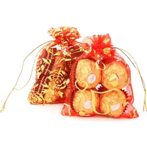 100pcs/lot Wholesale 9*12cm red Organza Pouches Gift Bags Gold heart or rose flower Patterns Fit Wedding And Festival Party