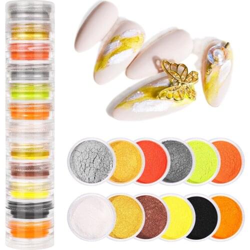12color Neon Gold Gray Black Pigment Powder Fluorescent Nail Shinny Glitter Chrome Dust DIY Polish Manicure For Nails Design