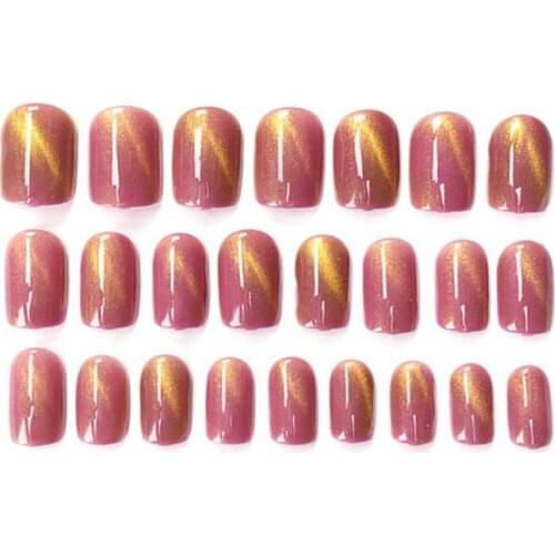 24Pcs/set Cat Eye Fake Nails Coffin Flat Artificial False Nail Tips For Home Faux Ongle Press On Fake False Nails Free Stickers