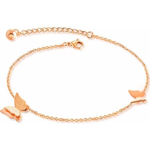 Fashion Butterfly Anklets Bracelet For Women Rose Gold Color Dull Polish Stainless Steel Ankle Jewelry Gift Length adjustable