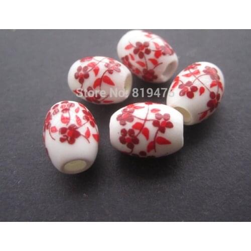 28Pieces Oval Ceramic Beads 10.4mm*8mm Red Blossom for jewelry making