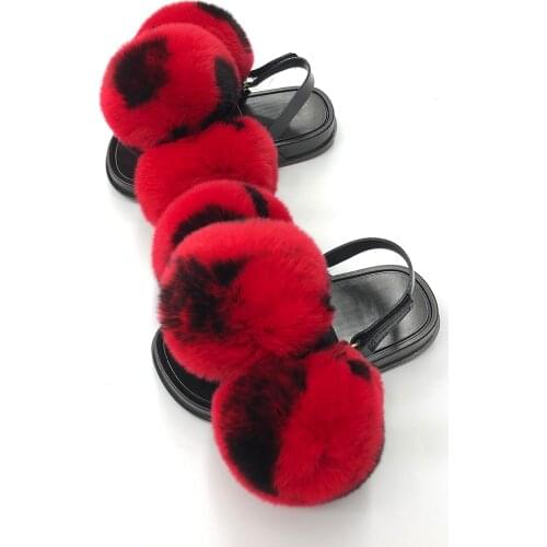 Kids Sliders Cute Summer Real Fur Sandals Flat Strap Rabbit Fur Ball Outdoor Furry Slipper Chirldren
