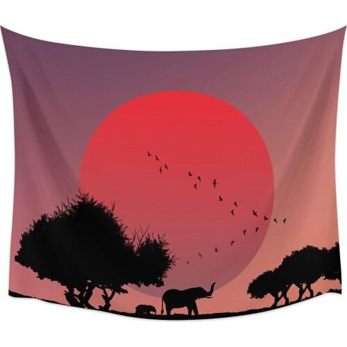 Sunset Elephant Mother And Child Trees Silhouette Wall Tapestry Cover Beach Towel Picnic Yoga Mat Home Decoration