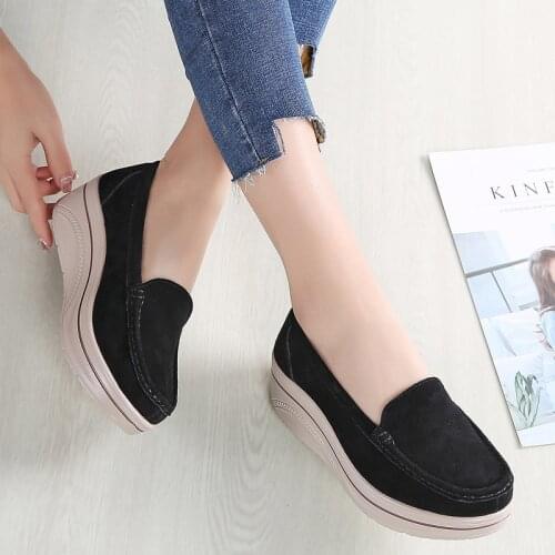 Spring Autumn Women Platform Shoes Suede Leather Slip-on Flats Loafers Creepers Shallow Round Toe Moccasins Ladies Casual Shoes