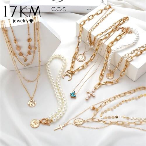 17KM Bohemian Gold Necklaces For Women Multilayer Fashion Pearl Pendants Necklace Portrait Chokers 2020 Trendy New Jewelry Gift