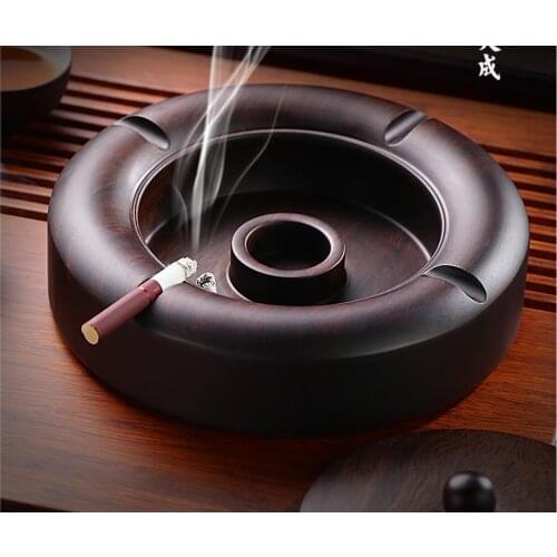 Chinese Style Ebony Solid Wood Ashtray with Lid Large Creative Personality Trend Home Living Room Anti Fly Ash Custom Retro