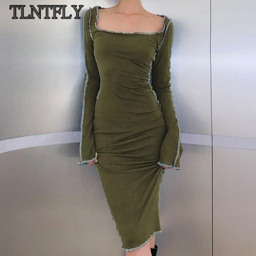 TLNTFLY Flare Sleeve Bodycon Bag Hip Slim Dress Ribbed Knitted Ruffles Stretchy Woman Clothes Autumn Sexy Streetwear Vestidos