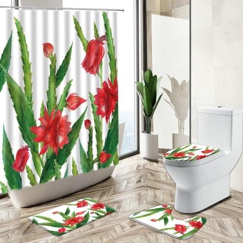 Tropical Cactus Shower Curtain Green Plants Flowers White Background European Style Non-Slip Carpet Toilet Cover Floor Mat Set