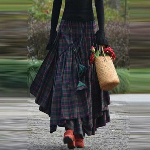 Skirts Womens Asymmetrical long skirts womens maxi skirt Fashion Women Loose Plaid Print Fringe Irregular Waiste Skirt