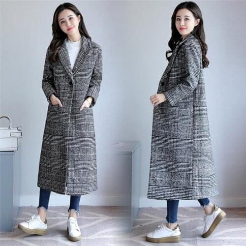 2020 Autumn Outerwear Women Wool & Blends Wide-waisted Long Plaid Coat Fashion Turn-Down Collar Woolen Coats