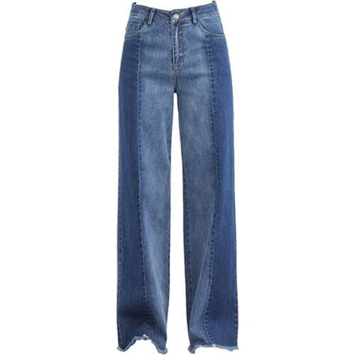 Free Shipping 2019 Womens Spring Autumn new wide leg jeans straight wide leg pants fashion Spliced Color Raw pants