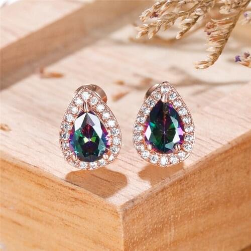 Female Teardrop Earrings Mystic Rainbow Fire Stone Water Drop Earrings For Women Multicolor Crystal Rose Gold Color Stud Earring