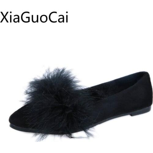 Autumn and Winter Flat Women Fur Shoes Wear New Cheap Female Flat Loafers Point and Velvet Flat Peas Casual Shoes