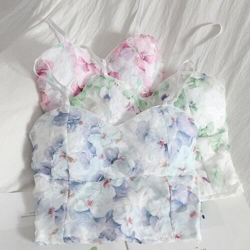 2021 New 3D Flowers Print Strap Tops Women Sleeveless V Neck Slim Y2K Top Summer Elastic Ruched Off Shoulder Short Camis