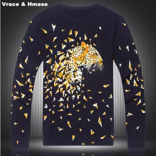 Chinese style diamonds leopard splicing printing boutique knitted sweater 2016 Autumn&Winter fashion high-end sweater men M-XXXL
