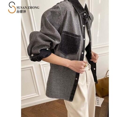 Women Coat Grey Denim Jacket 2021 Spring Summer Midi Loose Straight Cotton Turn Down Collar Long Sleeve Button Cuff Pocket Retro