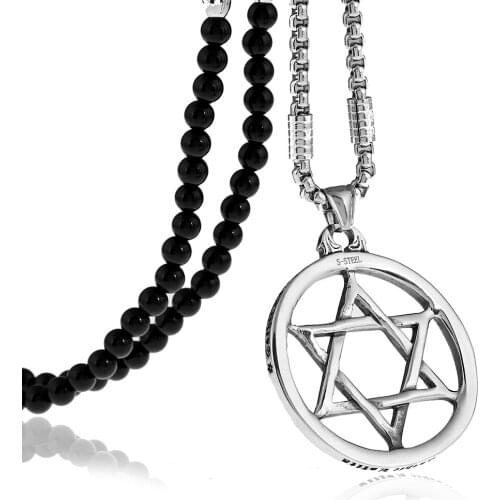 Stainless Steel Star of David Pendant Necklace with Black Natural Stone Beaded Necklace 27inches