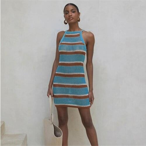 2021 Sexy Striped Bikini Cover-ups Blue Crochet Tunic Elegant Sleeveless Women Summer Dress Beach Wear Swim Suit Cover Up Q1255