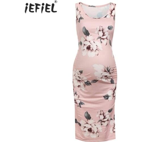 Pregnancy Summer Tank Dresses Pregnant Women Sleeveless Bodycon Elegant Dress Maternity Ruched Sides Dress for Baby Shower