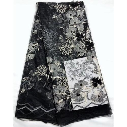 Free shipping (5yards/pc) black color French net lace fabric with appliqued 3D flowers and beads for party dress FL3954