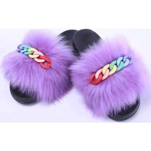 Large Size 2021 Fashion Fluffy Slippers Women Rainbow Chain Faux Fox Fur Outside Sliders PVC Furry Shoes Flat Comfort Slipper