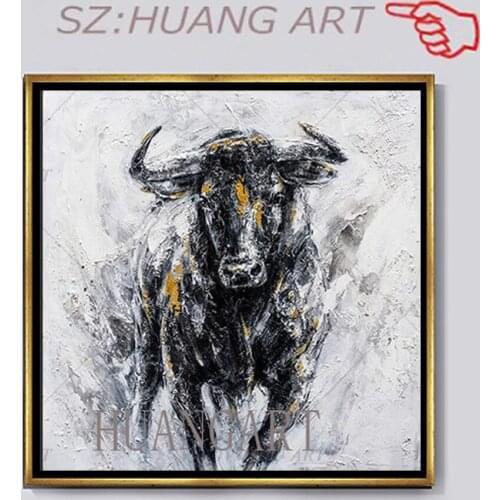 Artist Hand-painted Funny Cute Cow Oil Painting on Canvas Handmade Modern Cartoon Animal Cow Eating Oil Painting for Baby Room