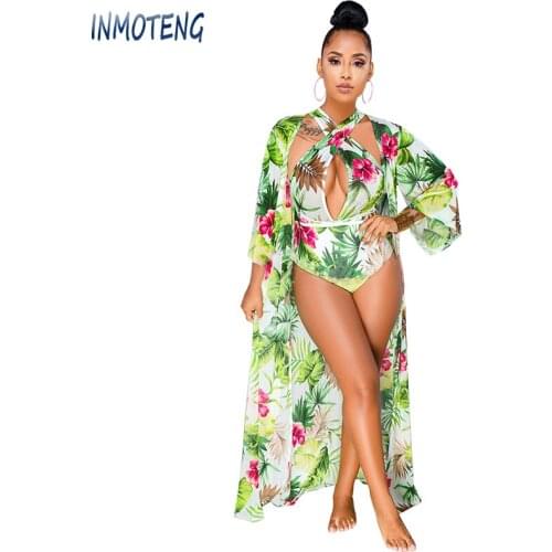 INMOTENG Fashion Contrast Color Print Two Piece Set Halter Collar Sleeveless Hollow Out Sexy Bodysuit X-Long Top Beach Outfits
