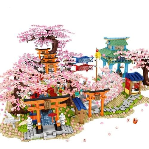 Japanese Style Street Scene Friends Cherry Blossom Sakura River Building Blocks Bricks Spring Pavilion Model Toys For Kids Gifts