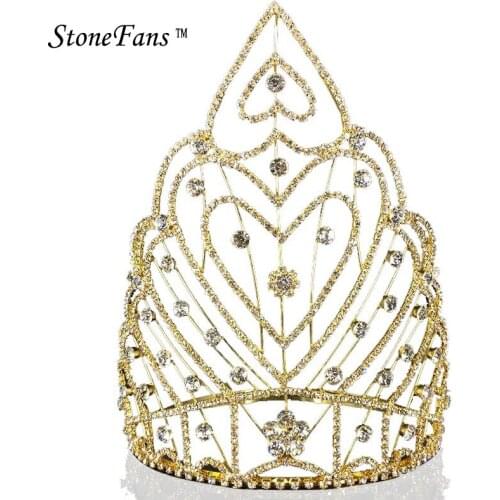 StoneFans Bride Crown Party Big Rhinestone Accessories Heart Shaped Miss Universe Queen Gold Huge Crowns and Tiara Princess HG04