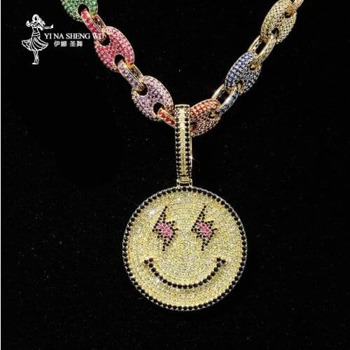 New Smiling Face Pendant With Rope Chain Gold Color Bling Cubic Zircon Mens Hip Hop Necklace Jewelry For Men Rapper Gifts 2020