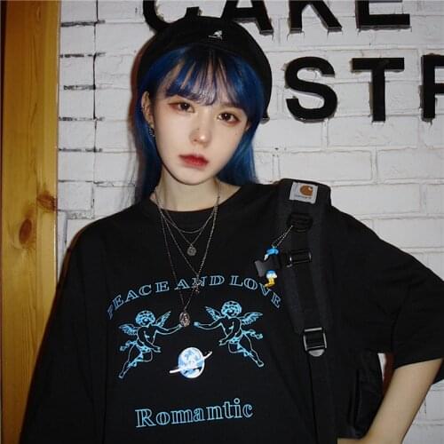 Summer Diablo bf Harajuku loose casual print tops tees fashion cotton angel cartoon cute black oversized ulzzang women T-shirt