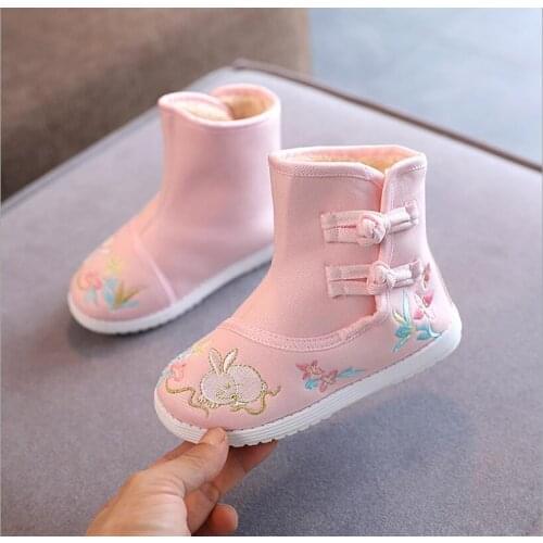Hot Winter fashion Hanfu boots girl Classic embroidered shoes cotton shoes Hanfu Plush thick warm boots Flat boots