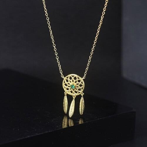 New Cross-Border Hot Sale Hollow Dream Catcher Inlaid AAA Green Zircon Tassel Necklace Female Real Gold Plated Womens Jewelry