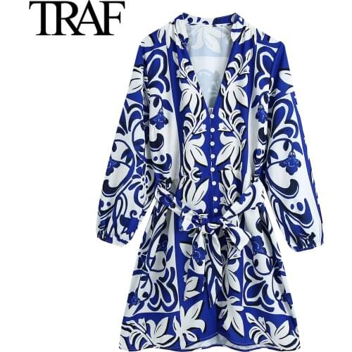 Traf Za Women Clothing 2021 Long Sleeve Dresses A-line Vintage Print Chic Mini Shirt Dress Boho Bowknot Bandage Dress